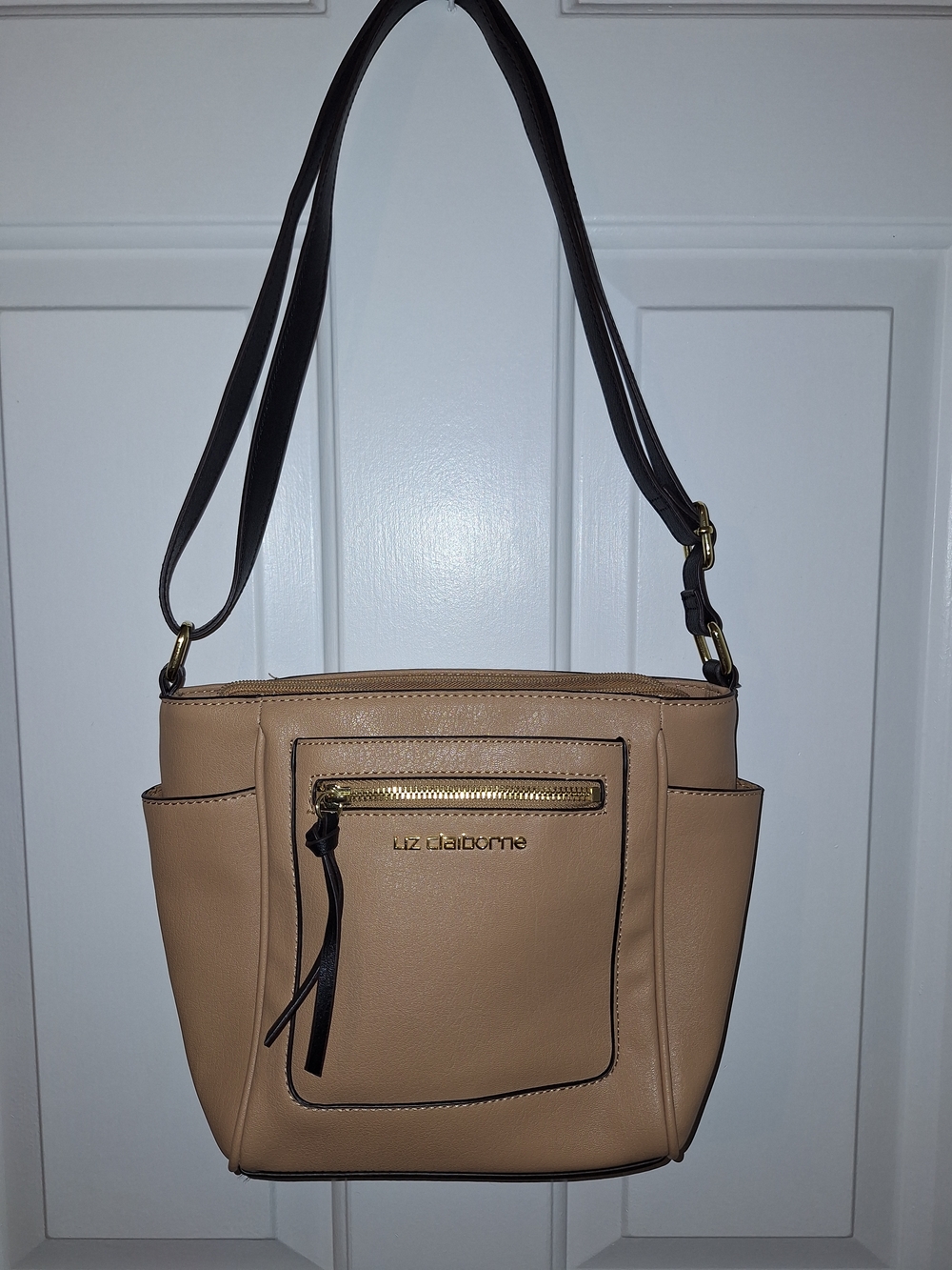 Liz Claiborne Tan Shoulder Bag with Dark Brown Strap and Gold Hardware